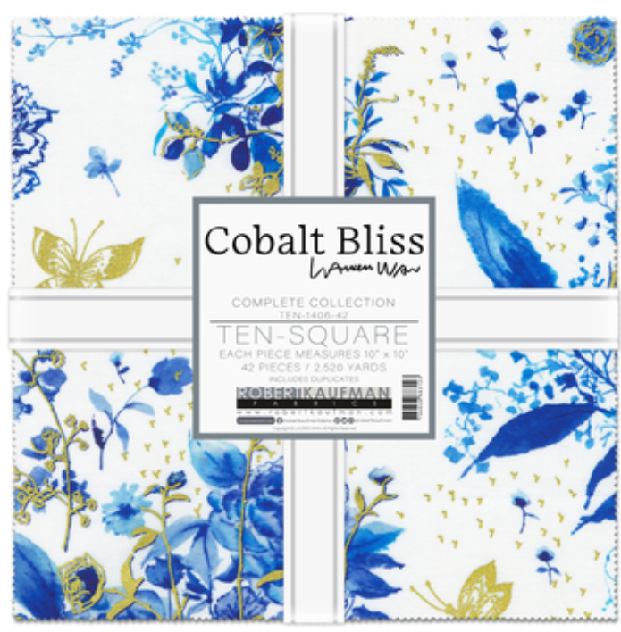 Cobalt Bliss Complete Collection Layer Cake by Lauren Wan for Robert Kaufman featuring 42 metallic 10-inch precut cotton fabric squares in coordinating blue, white, and gold floral designs.