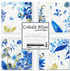 Cobalt Bliss Complete Collection Layer Cake by Lauren Wan for Robert Kaufman featuring 42 metallic 10-inch precut cotton fabric squares in coordinating blue, white, and gold floral designs.