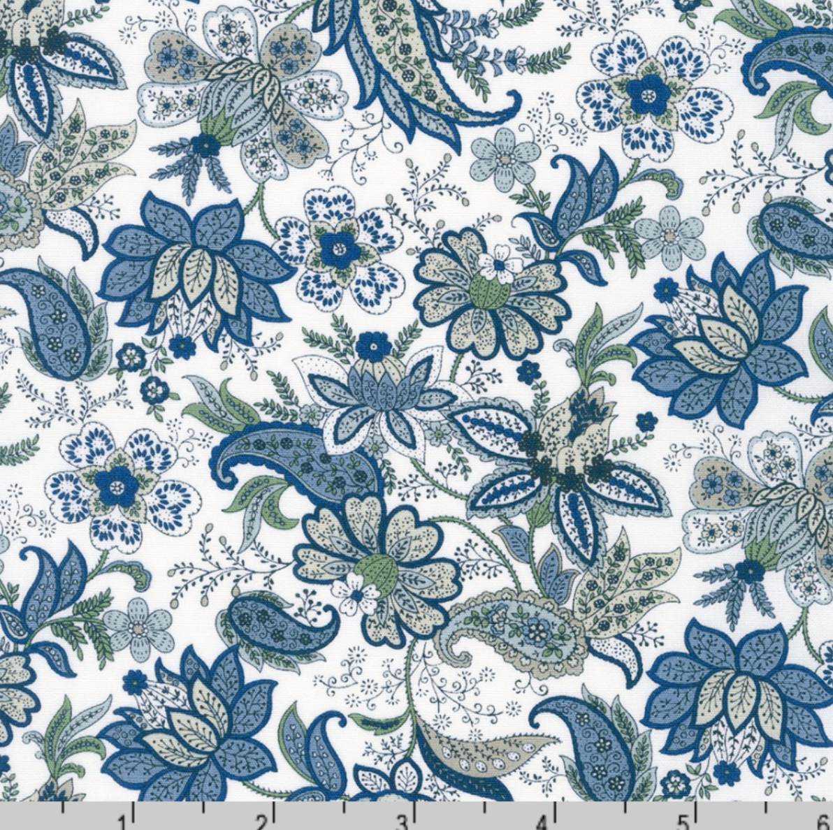Vintage Fleur Floral White quilting fabric by Sevenberry for Robert Kaufman featuring blue and green vintage floral bouquets and paisley designs on a white premium Japanese cotton background.