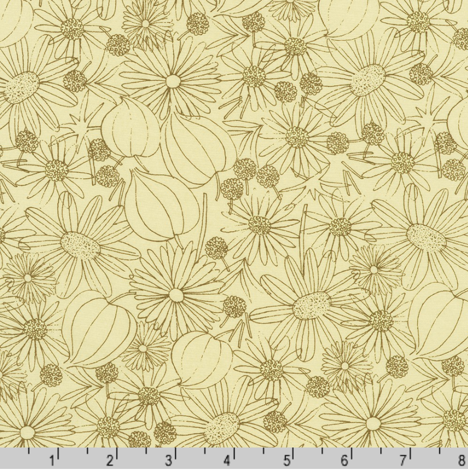 Crystal Lawn Daisy Outline Sand Japanese cotton lawn fabric by Sevenberry for Robert Kaufman featuring delicate floral line drawings on a warm sand background.
