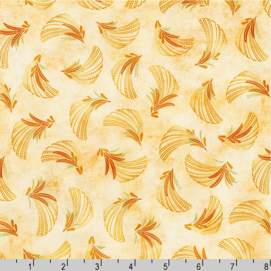 Golden Feathers Feather Toss parchment metallic quilting cotton fabric by Studio RK for Robert Kaufman featuring scattered gold feather motifs on a cream parchment background.