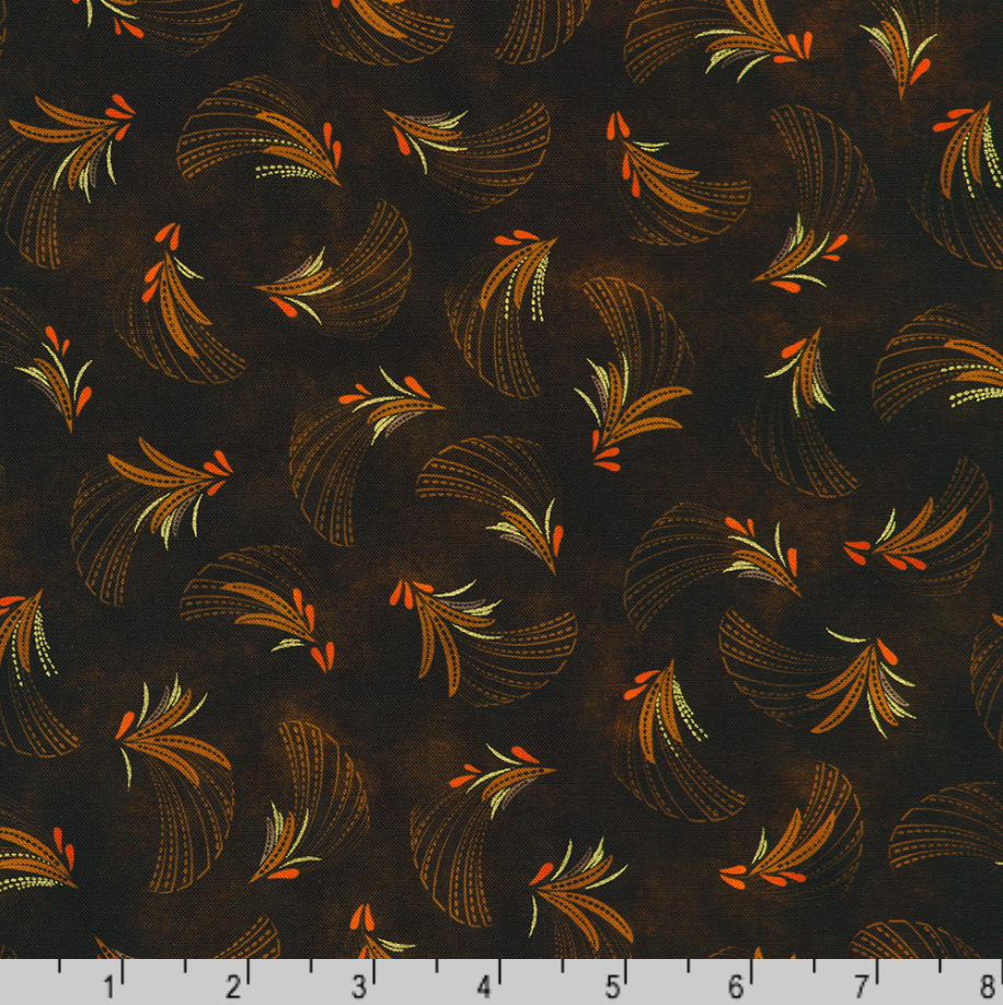 Golden Feathers Feather Toss Mahogany Metallic quilting cotton fabric by Studio RK for Robert Kaufman featuring shimmering gold feather motifs on a rich mahogany brown background.