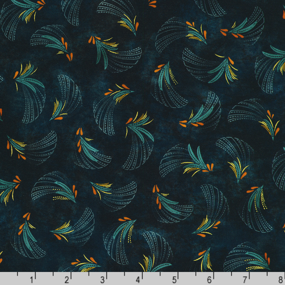 Golden Feathers Feather Toss Navy Metallic quilting cotton fabric by Studio RK for Robert Kaufman featuring shimmering metallic feather motifs in teal, gold, and copper on a deep navy background.