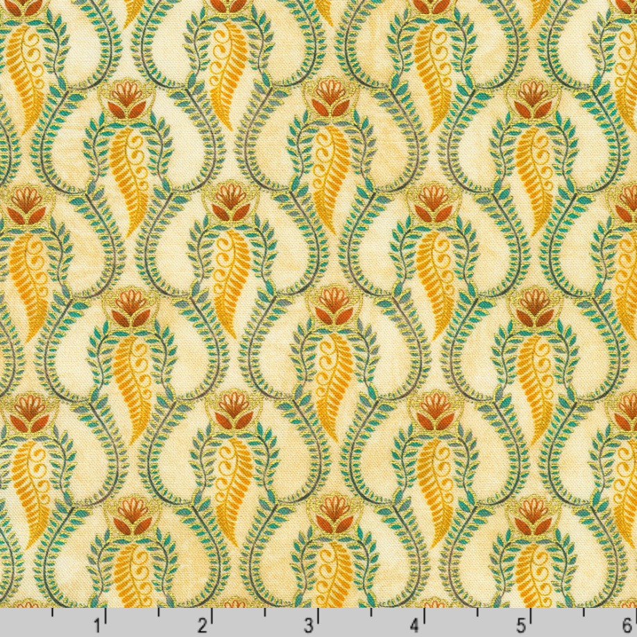 Golden Feathers Paisley Swirls Parchment metallic quilting cotton fabric by Studio RK for Robert Kaufman featuring ornate gold, teal, and copper paisley swirl motifs on a parchment cream background.