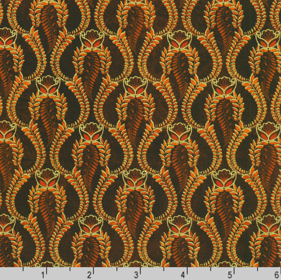 Golden Feathers Paisley Swirls Redwood metallic quilting cotton fabric by Studio RK for Robert Kaufman featuring ornate gold and copper paisley swirl motifs on a rich redwood brown background.