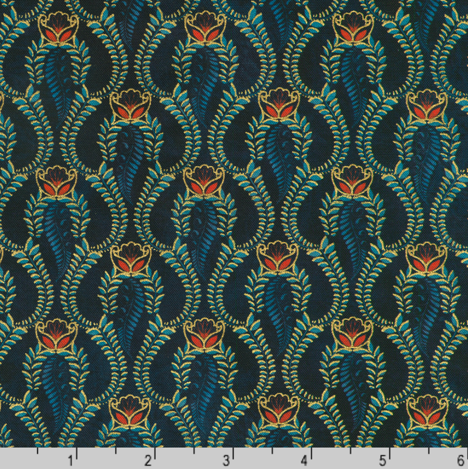 Golden Feathers Paisley Swirls Navy metallic quilting cotton fabric by Studio RK for Robert Kaufman featuring ornate gold, teal, and copper paisley swirl motifs on a deep navy background.