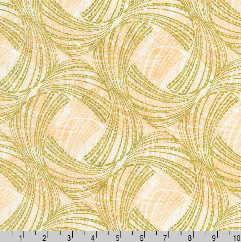 Golden Feathers Feather Swirls parchment metallic quilting cotton fabric with elegant gold swirling feather design by Studio RK for Robert Kaufman.