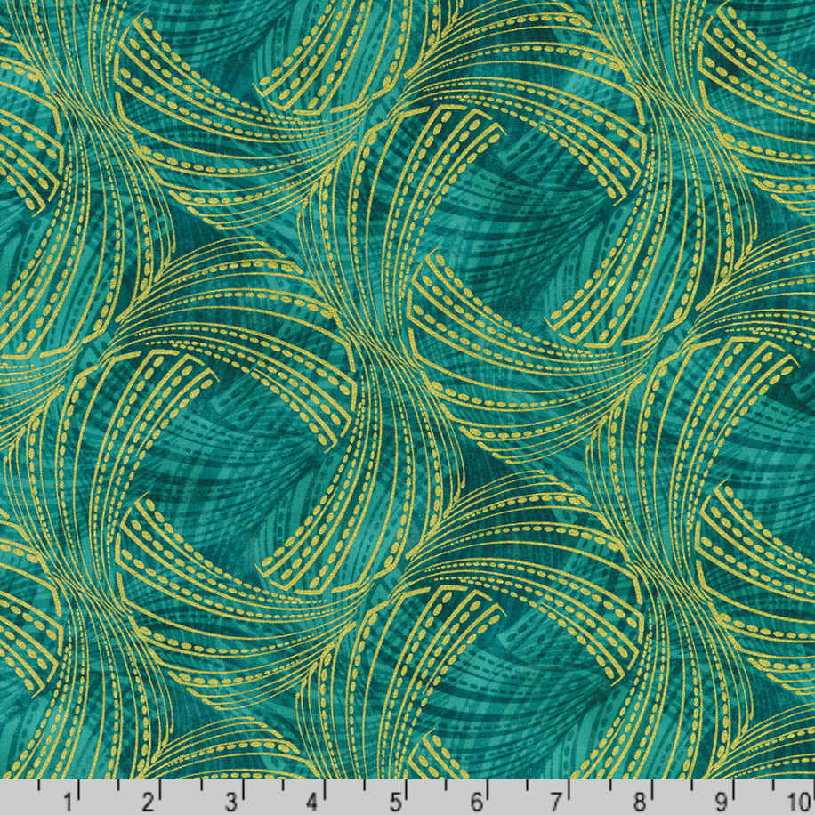 Golden Feathers Feather Swirls Teal Metallic quilting cotton fabric by Studio RK for Robert Kaufman featuring elegant gold metallic feather swirls on a rich teal background.