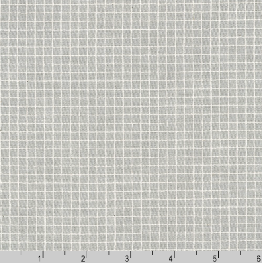Gelato Grids Gray Japanese quilting cotton fabric by Sevenberry for Robert Kaufman featuring a subtle white grid pattern on a soft gray background.