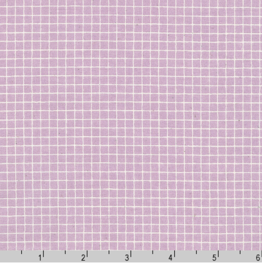 Gelato Grids Lavender Japanese quilting cotton fabric by Sevenberry for Robert Kaufman featuring a subtle white grid pattern on a soft lavender background.