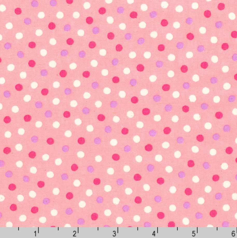 Gelato Polka Dots Pink Japanese quilting cotton fabric by Sevenberry for Robert Kaufman featuring white, pink, and lavender polka dots on a soft pink background.