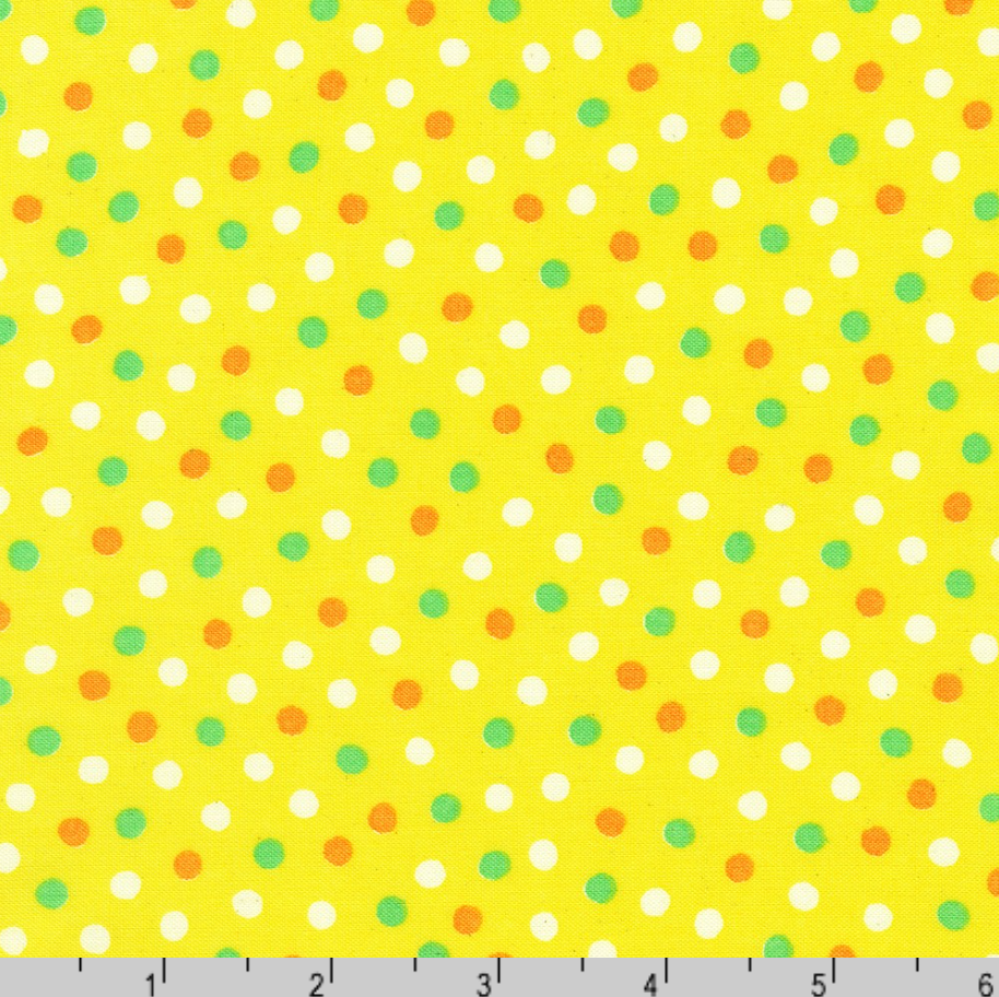 Gelato Polka Dots Lemon Japanese quilting cotton fabric by Sevenberry for Robert Kaufman featuring white, orange, and mint green polka dots on a bright lemon yellow background.