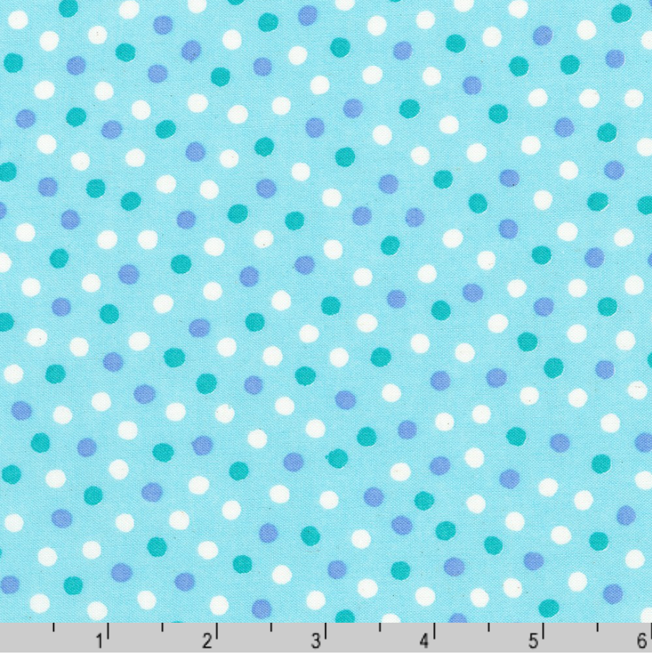 Gelato Polka Dots Blue Japanese quilting cotton fabric by Sevenberry for Robert Kaufman featuring white, teal, and lavender polka dots on a soft blue background.