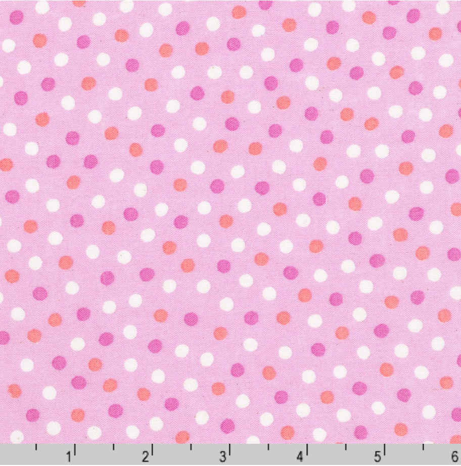 Gelato Polka Dots Lavender Japanese quilting cotton fabric by Sevenberry for Robert Kaufman featuring white, pink, and coral polka dots on a soft lavender background.