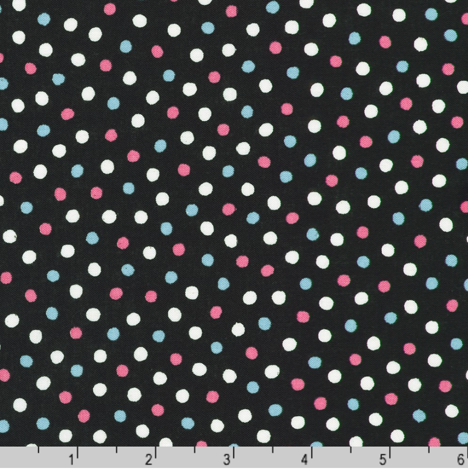 Gelato Polka Dots Black Japanese quilting cotton fabric by Sevenberry for Robert Kaufman featuring white, pink, and sky blue polka dots on a black background.