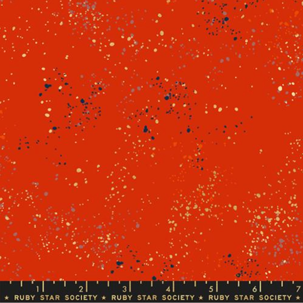 Speckled Poinsettia Metallic fabric by Rashida Coleman-Hale for Ruby Star Society and Moda Fabrics featuring metallic gold and silver speckles on a vibrant red premium cotton background.