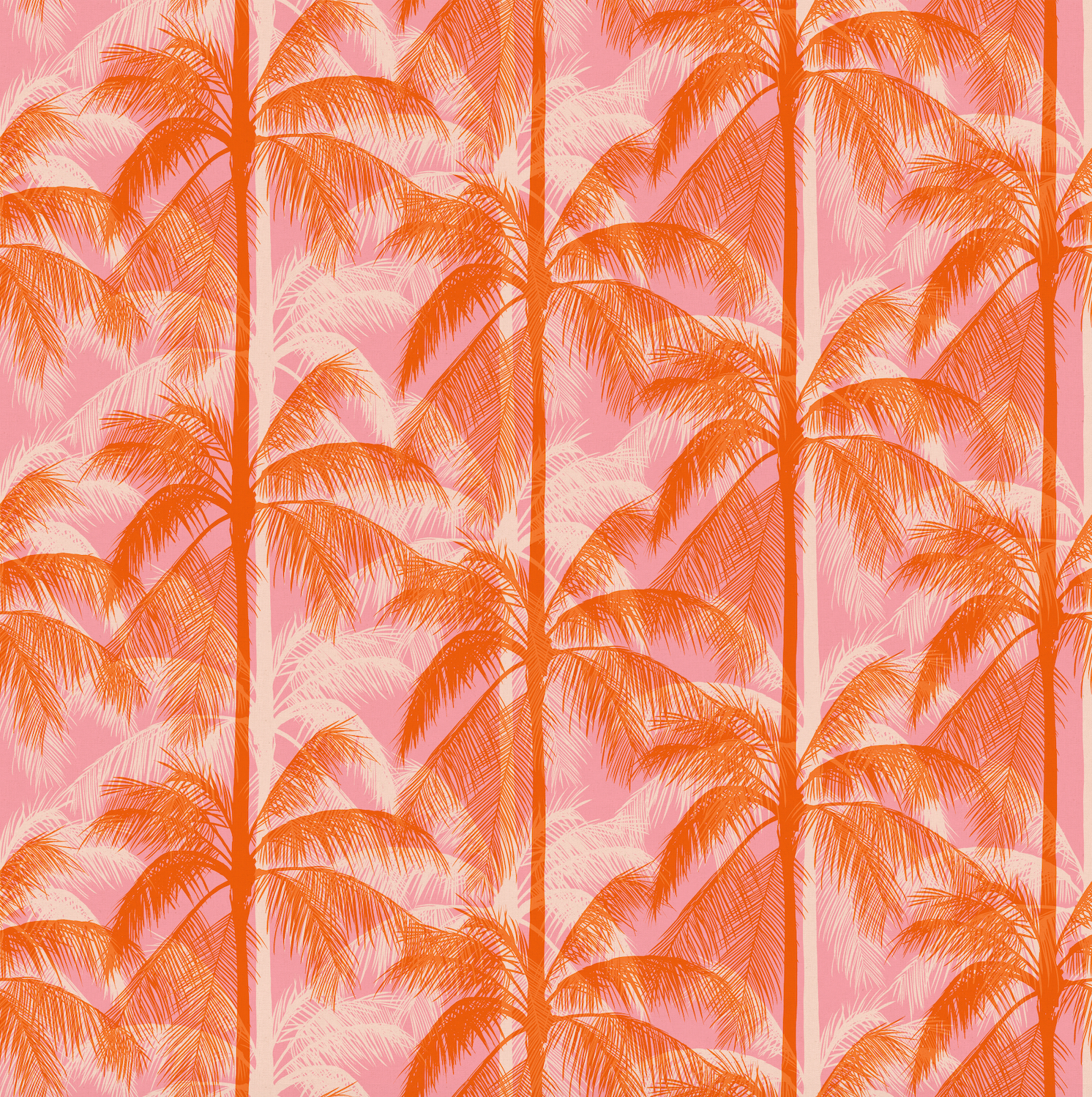 Poolside Too Sorbet premium cotton canvas featuring bold orange tropical palm trees on a soft pink background by Ruby Star Society for Moda Fabrics.