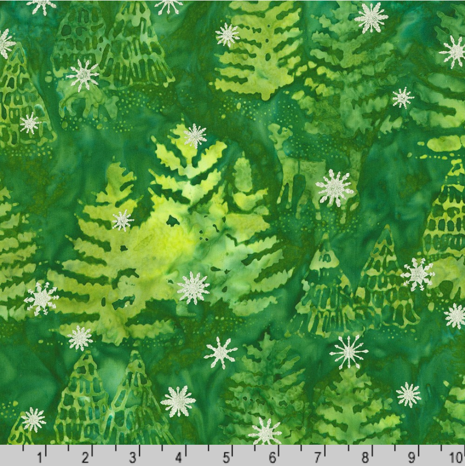 Artisan Batiks Evergreen Ice Sparkle Winter Forest Green premium cotton batik featuring evergreen trees, woodland deer, and metallic silver snowflakes by Lunn Studios for Robert Kaufman.