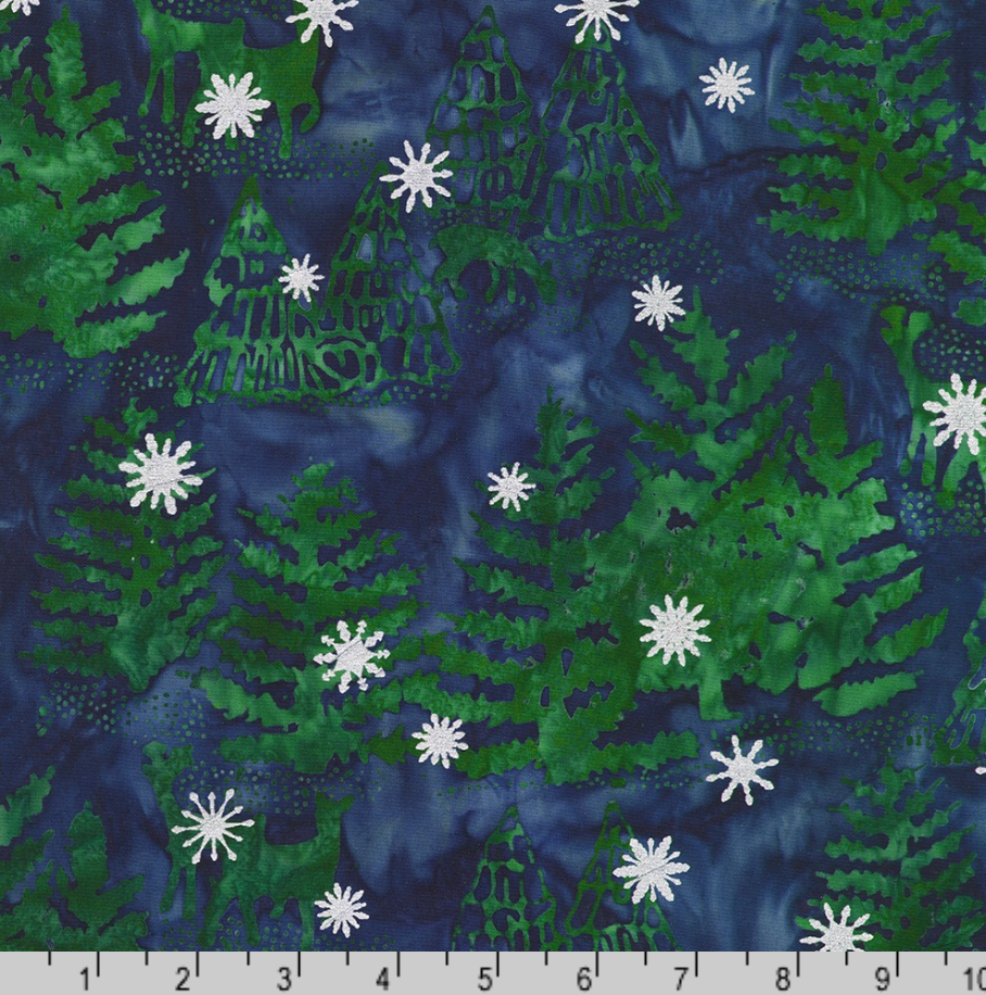 Artisan Batiks Evergreen Ice Sparkle Winter Forest Evening premium cotton batik featuring evergreen trees, woodland deer, and metallic silver snowflakes on a deep navy blue background by Lunn Studios for Robert Kaufman.