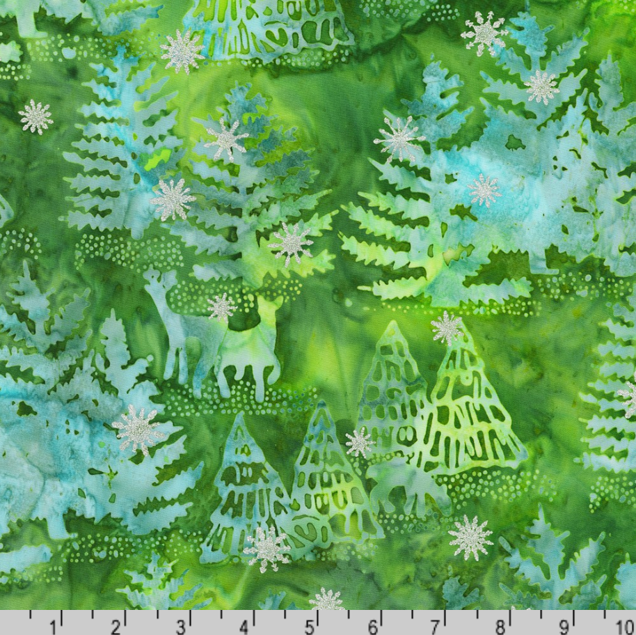 Artisan Batiks Evergreen Ice Sparkle Winter Forest Evergreen premium cotton batik featuring frosted evergreen trees, woodland deer, and metallic silver snowflakes in shades of green, turquoise, and aqua by Lunn Studios for Robert Kaufman.