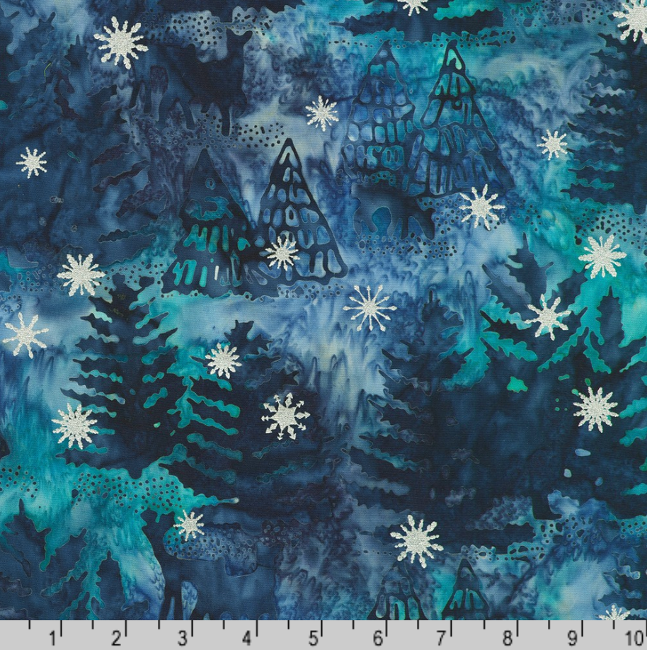 Artisan Batiks Evergreen Ice Sparkle Winter Forest Starry Night premium cotton batik featuring evergreen trees, woodland deer, and metallic silver snowflakes in shades of navy, cobalt, teal, and icy blue by Lunn Studios for Robert Kaufman.