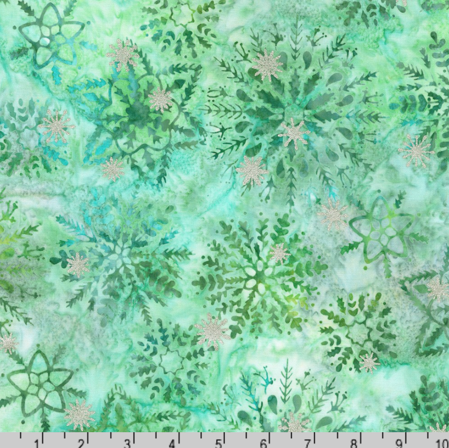 Artisan Batiks Evergreen Ice Sparkle Frosted Snowflakes Glacier premium cotton batik featuring large frosted snowflakes with metallic silver accents in glacier blue, mint green, aqua, and icy teal by Lunn Studios for Robert Kaufman.