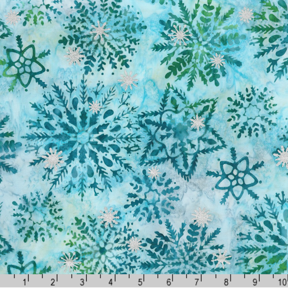 Artisan Batiks Evergreen Ice Sparkle Frosted Snowflakes Winter premium cotton batik featuring large frosted snowflakes with metallic silver accents in icy blue, aqua, teal, and soft white by Lunn Studios for Robert Kaufman.
