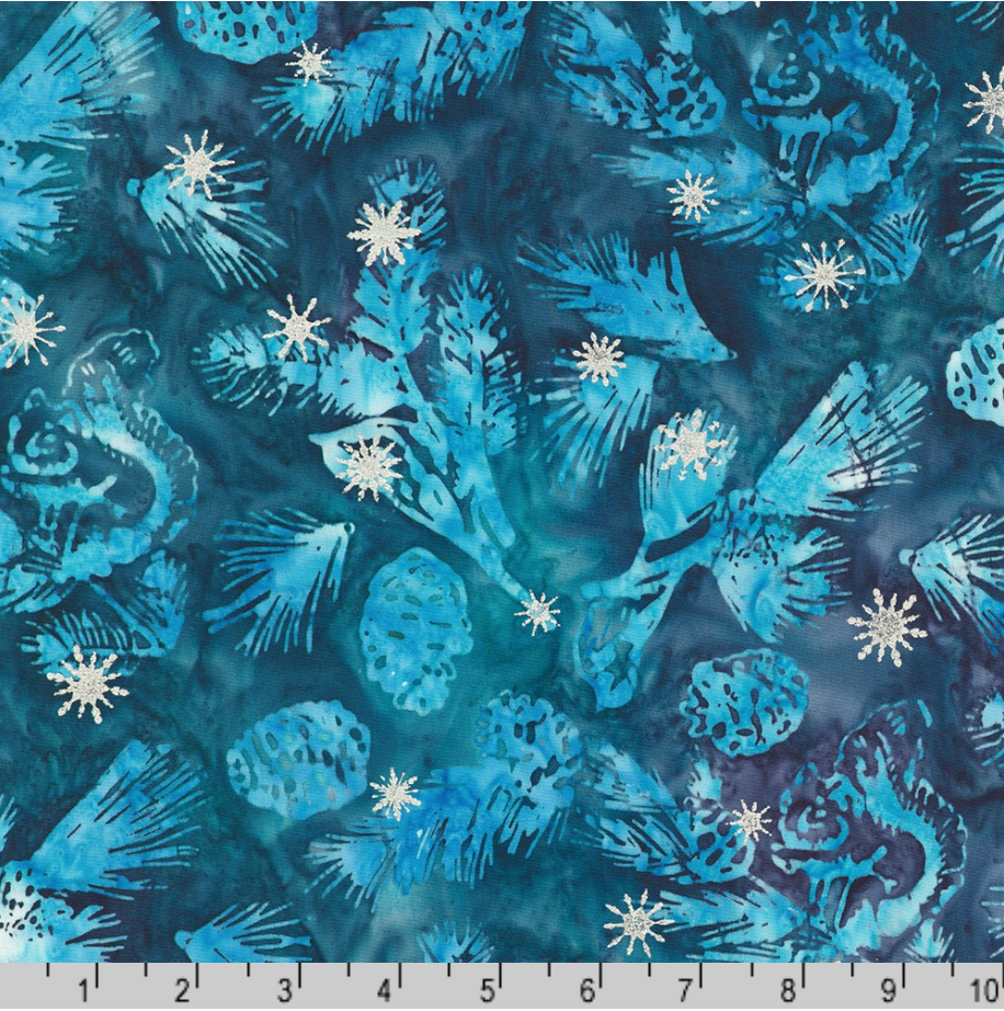 Artisan Batiks Evergreen Ice Sparkle Frosted Pinecones Water premium cotton batik featuring pinecones, evergreen needles, and metallic silver snowflakes in shades of water blue, teal, navy, and icy aqua by Lunn Studios for Robert Kaufman.