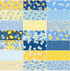 Sunshine Garden Mini Charm Pack by Darlene Zimmerman for Robert Kaufman Fabrics featuring 42 premium 2.5-inch cotton fabric squares with yellow tulips, blue daisies, floral prints, and coordinating blue, yellow, green, and white designs.