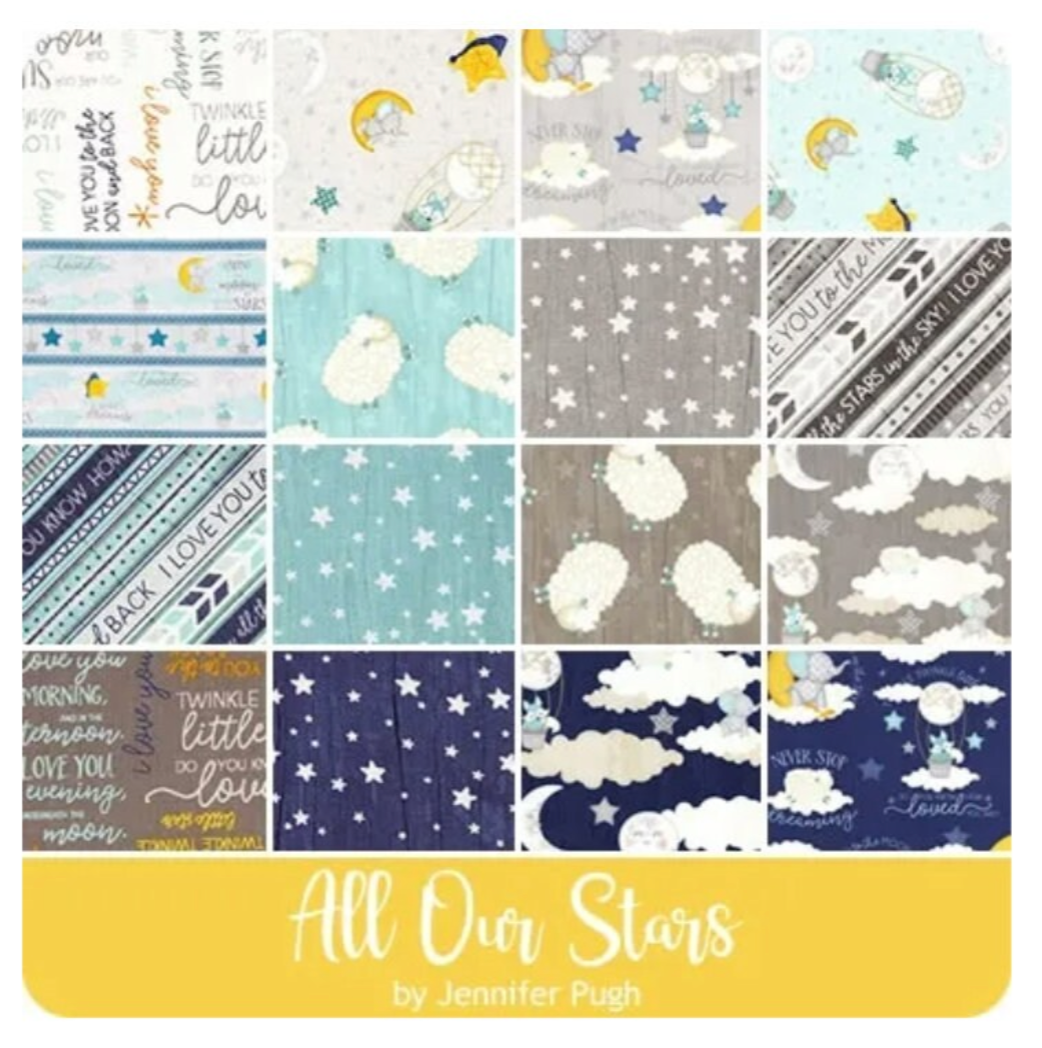 All Our Stars 5 Karat Crystals Charm Pack by Jennifer Pugh for Wilmington Prints, 41-piece precut fabric bundle featuring blue, yellow, gray, moon, star, cloud, and inspirational quilting cotton prints.