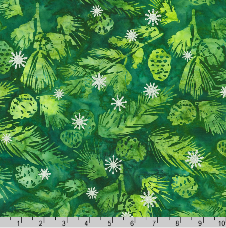 Artisan Batiks Evergreen Ice Sparkle Frosted Pinecones Spruce batik fabric featuring green pinecones and evergreen branches with silver metallic snowflakes on a rich spruce green hand-dyed background.