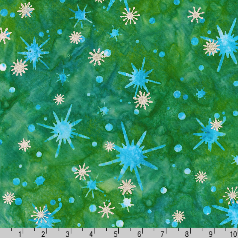 Artisan Batiks Evergreen Ice Sparkle Frosted Snowflakes Emerald batik fabric featuring metallic silver snowflakes and icy blue starbursts on a rich emerald green hand-dyed batik background.