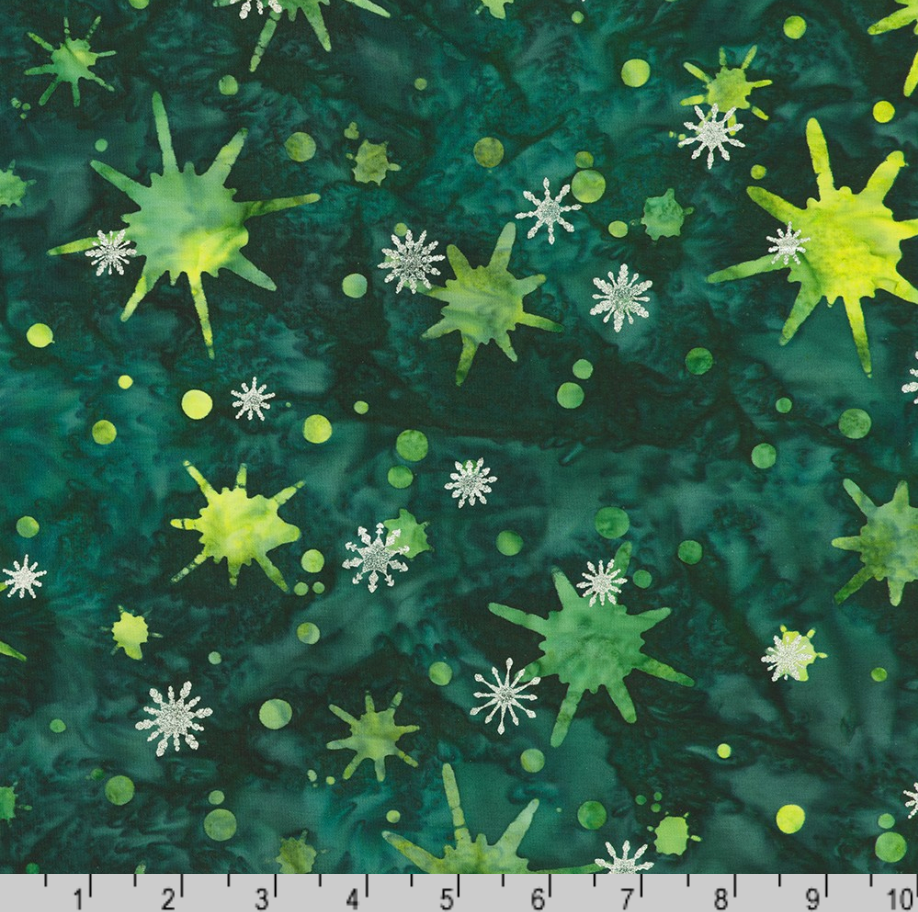 Artisan Batiks Evergreen Ice Sparkle Frosted Snowflakes Forest batik fabric featuring silver metallic snowflakes and green starbursts on a rich forest green hand-dyed batik background.