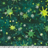 Artisan Batiks Evergreen Ice Sparkle Frosted Snowflakes Forest batik fabric featuring silver metallic snowflakes and green starbursts on a rich forest green hand-dyed batik background.