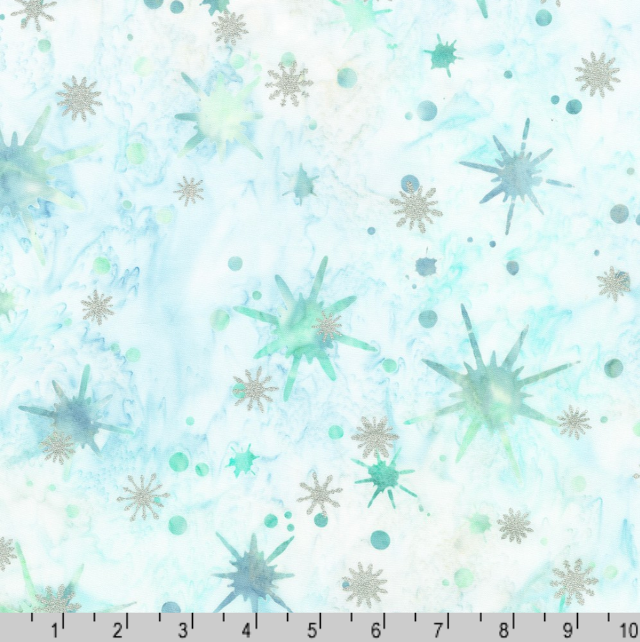 Artisan Batiks Evergreen Ice Sparkle Frosted Snowflakes Ice batik fabric featuring silver metallic snowflakes and icy blue starbursts on a soft white and pale blue hand-dyed batik background.