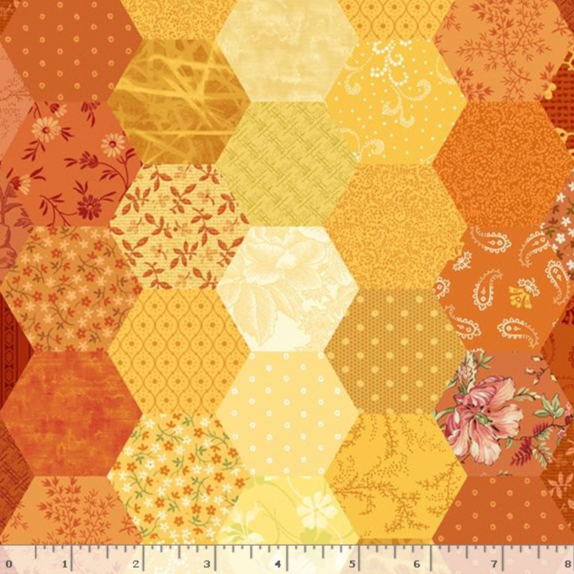 Patrick's Promise Hexagon Multi quilting cotton fabric by Christine Schulte for Marcus Fabrics featuring colorful patchwork-style hexagons with coordinating floral and geometric prints.