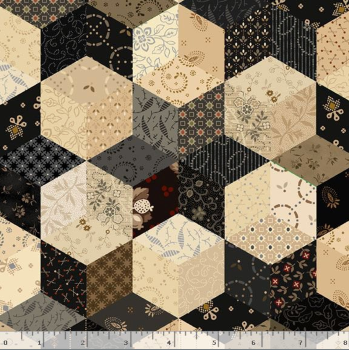 Black Sheep Cottons Star Block Multi 108-inch wide backing fabric by Pam Buda for Marcus Fabrics featuring a reproduction-style patchwork of interconnected star blocks and geometric prints in black, cream, taupe, and charcoal.