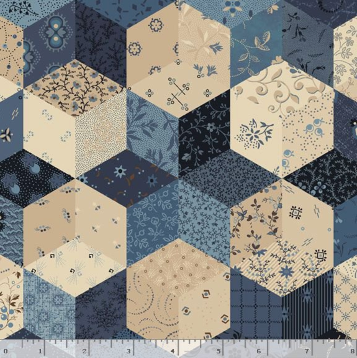 Pam's Stars Blue quilting cotton fabric by Pam Buda for Marcus Fabrics featuring patchwork-style hexagons filled with vintage blue, navy, and cream reproduction prints.