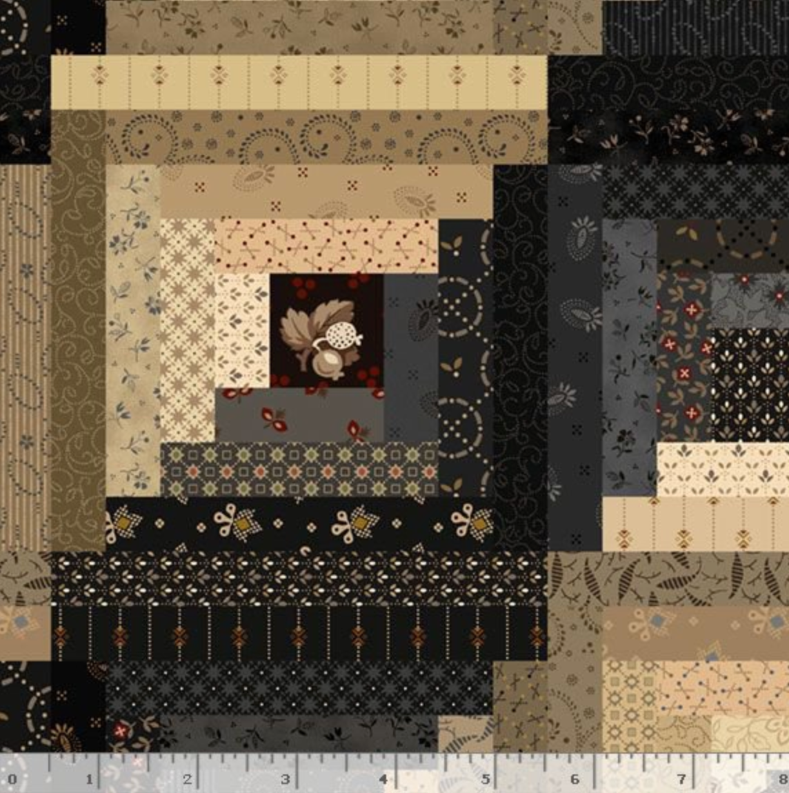 Black Sheep Cottons Log Cabin Black quilting cotton fabric by Pam Buda for Marcus Fabrics featuring faux log cabin quilt blocks made from black, cream, taupe, gray, and brown reproduction prints.