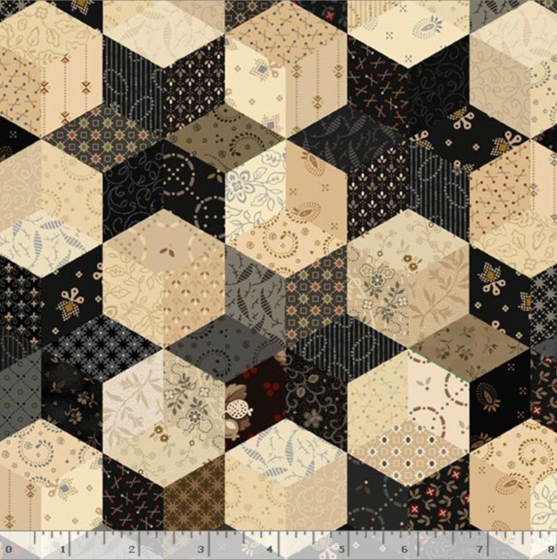 Black Sheep Cottons Stars Black quilting cotton fabric by Pam Buda for Marcus Fabrics featuring faux patchwork star blocks and hexagons in black, cream, taupe, and gray reproduction prints.