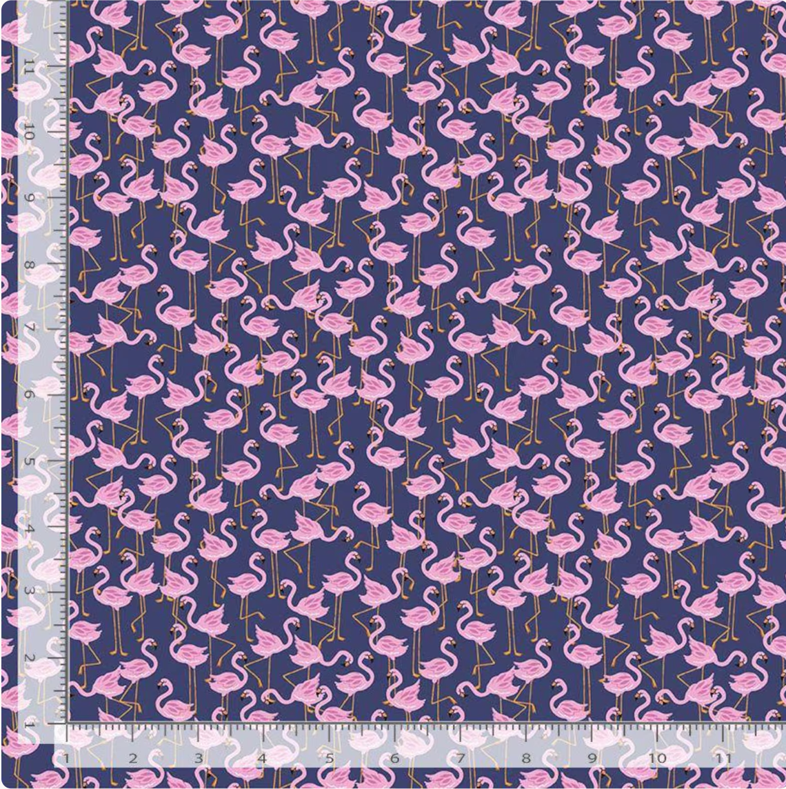 Birds of a Feather Party Like a Flockstar Navy quilting cotton fabric by Dear Stella featuring pink flamingos on a rich navy blue background.