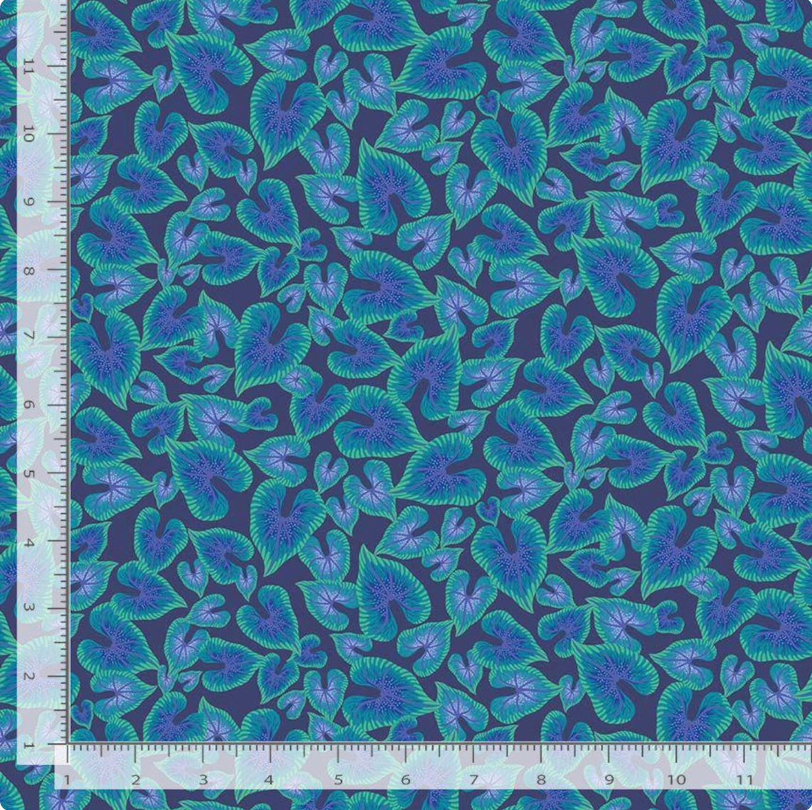 Birds of a Feather Unbe-Leaf-Able Navy quilting cotton fabric by Dear Stella featuring vibrant tropical leaves in blue, teal, and green on a navy background.
