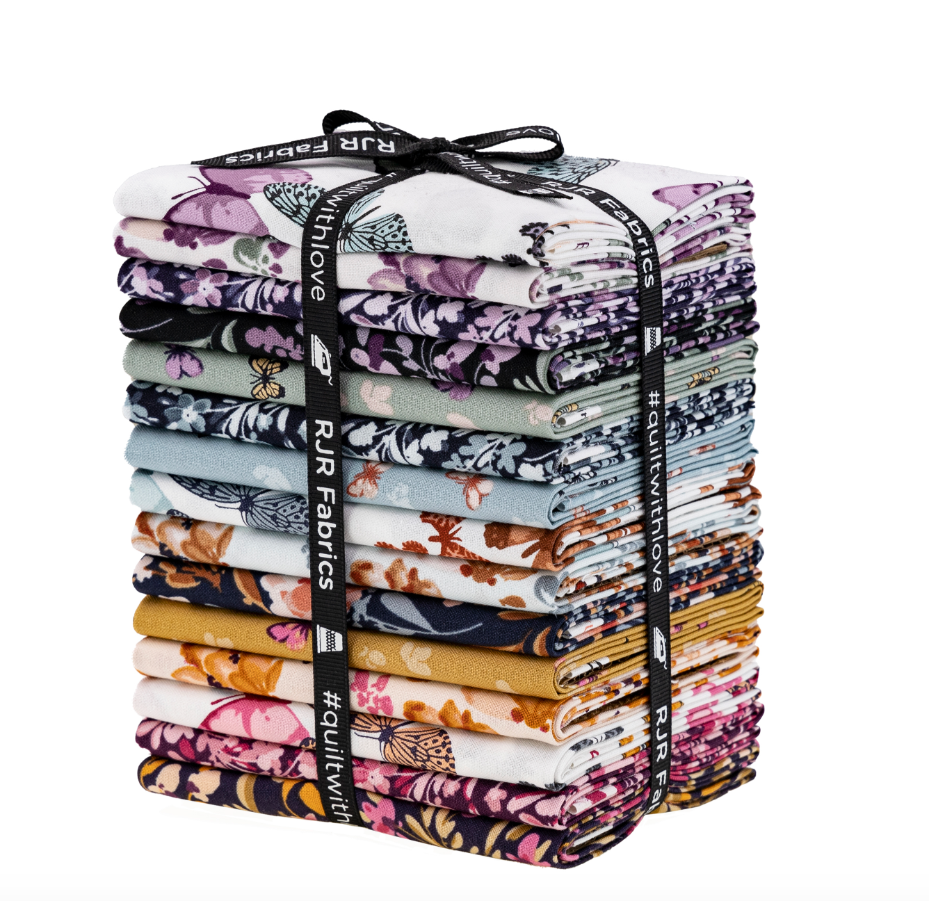 Butterflies In The Garden Fat Quarter Bundle by RJR Studio for RJR Fabrics featuring 18 premium cotton fat quarters with butterflies, florals, botanical prints, and coordinating fabrics in lavender, blush, peach, sage, blue, ochre, and charcoal tones.