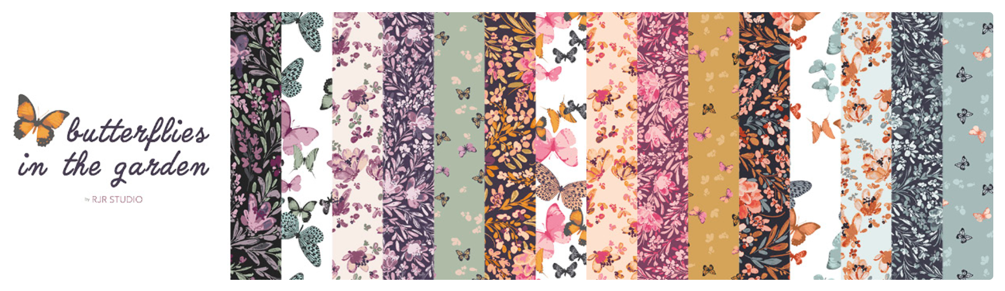 Butterflies In The Garden Fat Quarter Bundle by RJR Studio for RJR Fabrics featuring 18 premium cotton fat quarters with butterflies, florals, botanical prints, and coordinating fabrics in lavender, blush, peach, sage, blue, ochre, and charcoal tones.