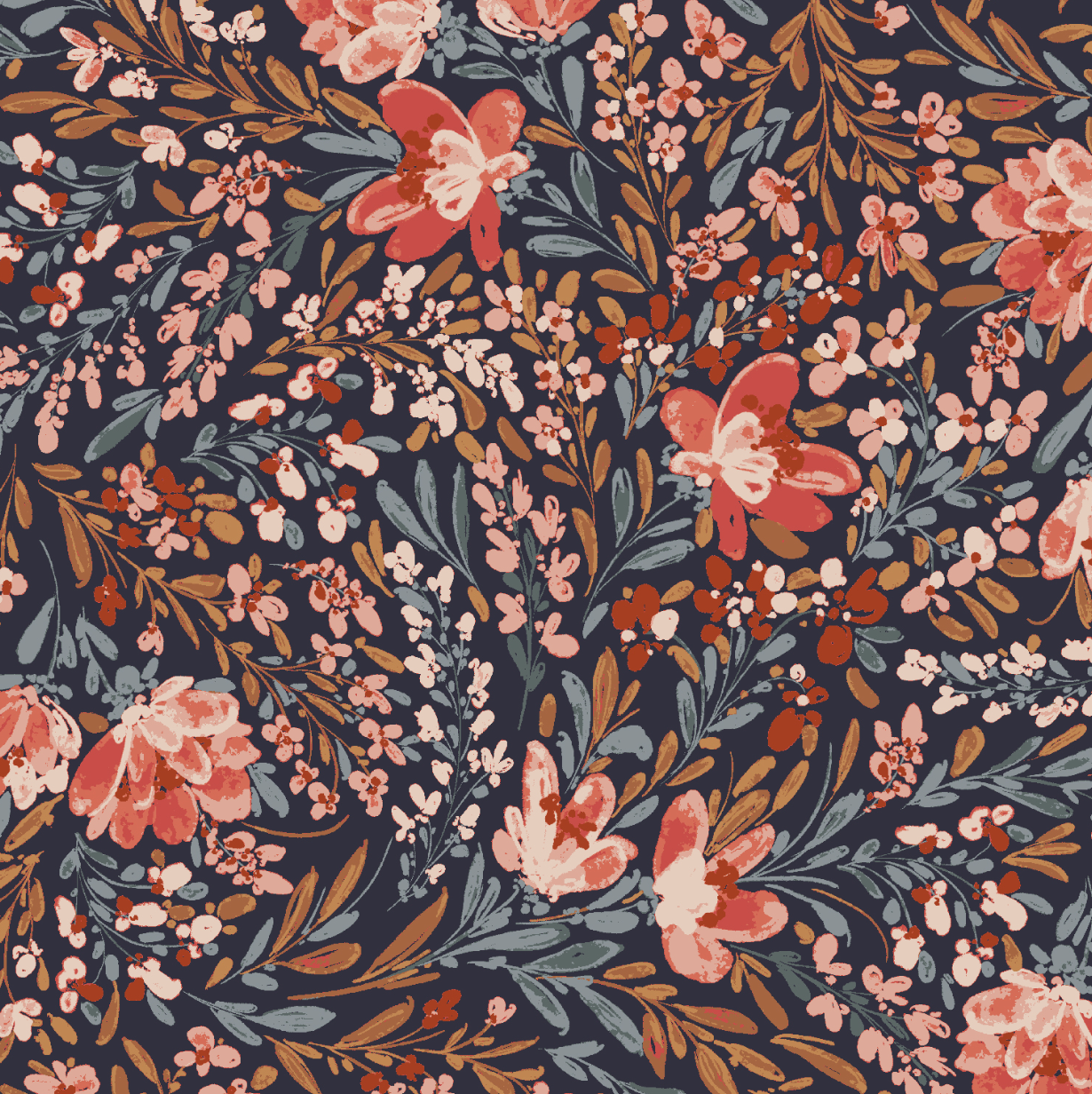 Butterflies In The Garden Flowers In The Breeze Firewater fabric by RJR Fabrics featuring watercolor coral flowers, blush blossoms, blue-gray foliage, and botanical sprigs on a rich charcoal background.