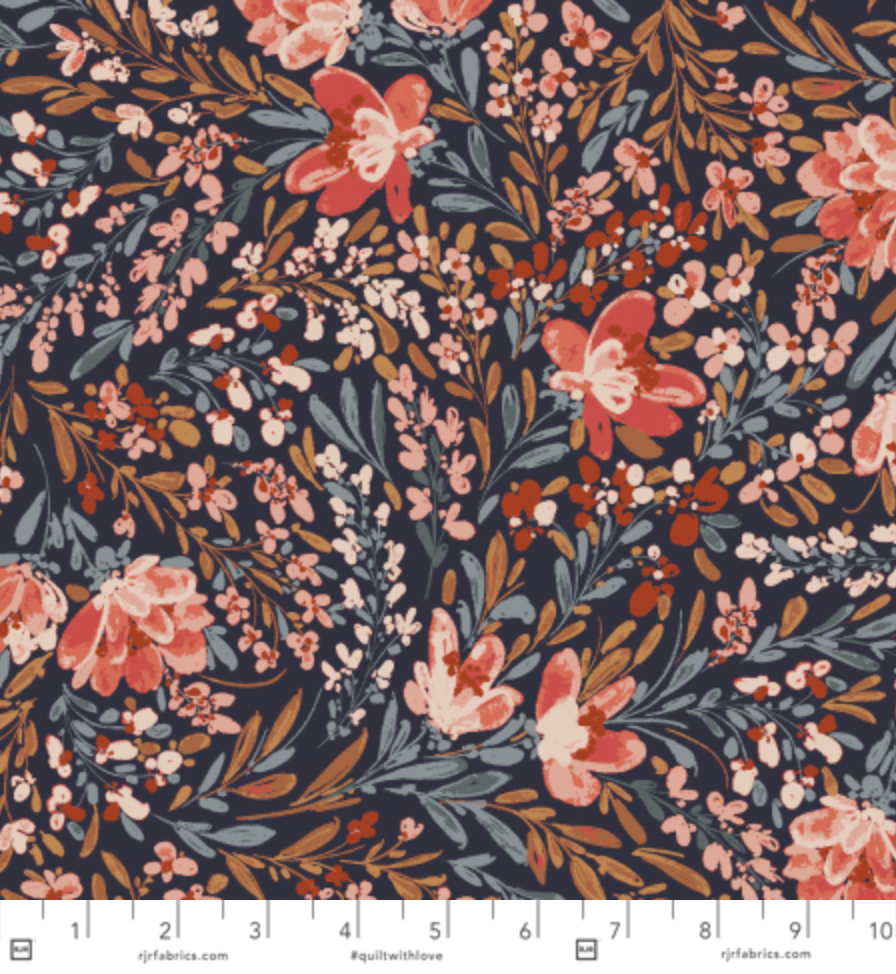 Butterflies In The Garden Flowers In The Breeze Firewater fabric by RJR Fabrics featuring watercolor coral flowers, blush blossoms, blue-gray foliage, and botanical sprigs on a rich charcoal background.