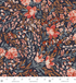 Butterflies In The Garden Flowers In The Breeze Firewater fabric by RJR Fabrics featuring watercolor coral flowers, blush blossoms, blue-gray foliage, and botanical sprigs on a rich charcoal background.