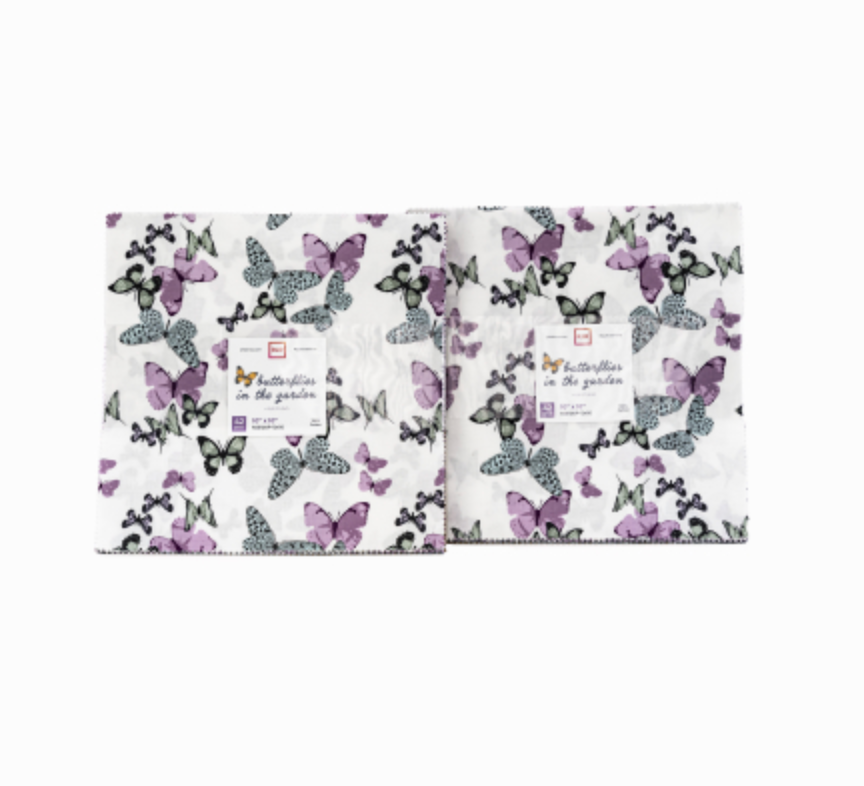 Butterflies In The Garden 10-inch Layer Cake by RJR Studio for RJR Fabrics featuring 42 premium cotton precut squares with butterflies, florals, botanical prints, and coordinating blenders in blush pink, lavender, sage, blue, and charcoal.