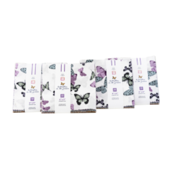 Butterflies In The Garden 5-inch Charm Pack by RJR Studio for RJR Fabrics featuring 42 premium cotton precut squares with butterflies, florals, botanical prints, and coordinating blenders in blush pink, lavender, sage, blue, ochre, and charcoal.