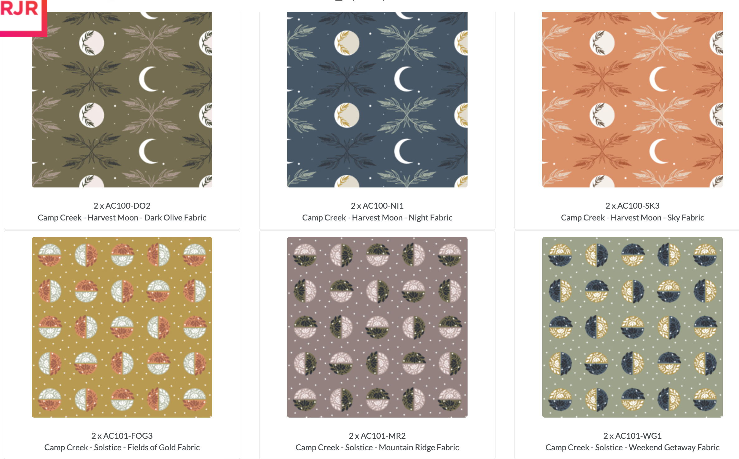 Camp Creek 10x10 Layer Cake by Ash Cascade for RJR Fabrics featuring 42 premium cotton precut squares with woodland, botanical, celestial, floral, and nature-inspired prints in earthy sage, olive, charcoal, peach, mustard, taupe, and blue tones.